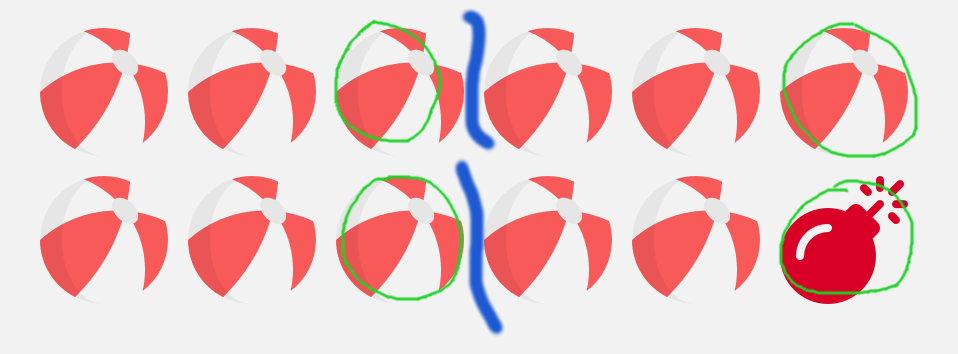 Podzielcie sobie piłeczki na grupy po 3. Każdą ostatnią piłeczkę w grupie (zaznaczona na zielono) musi wziąć przeciwnik.